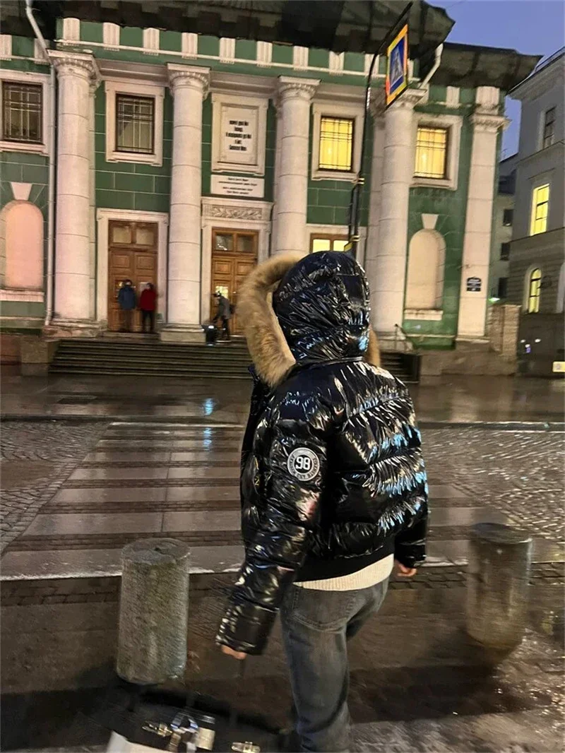 Russian Winter Warm Faux Fur Hooded Quilted Puffer Jacket Women Y2K Retro Padded Short Coat Casual Parka Glossy Outerwear куртка