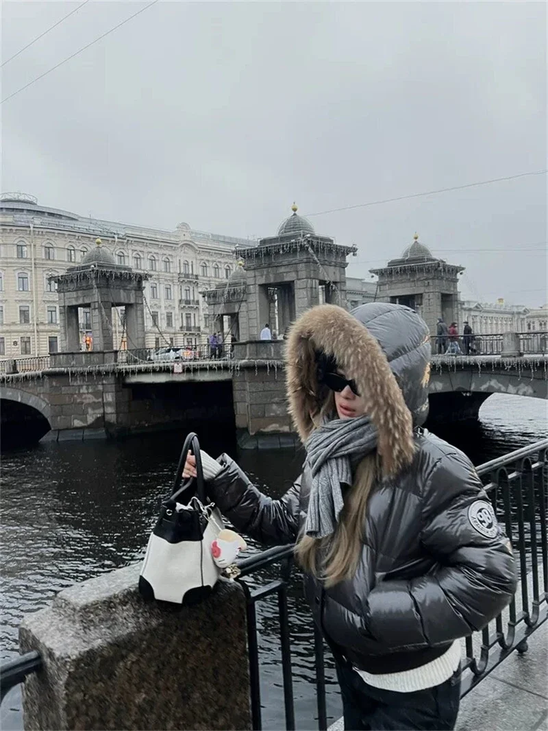 Russian Winter Warm Faux Fur Hooded Quilted Puffer Jacket Women Y2K Retro Padded Short Coat Casual Parka Glossy Outerwear куртка