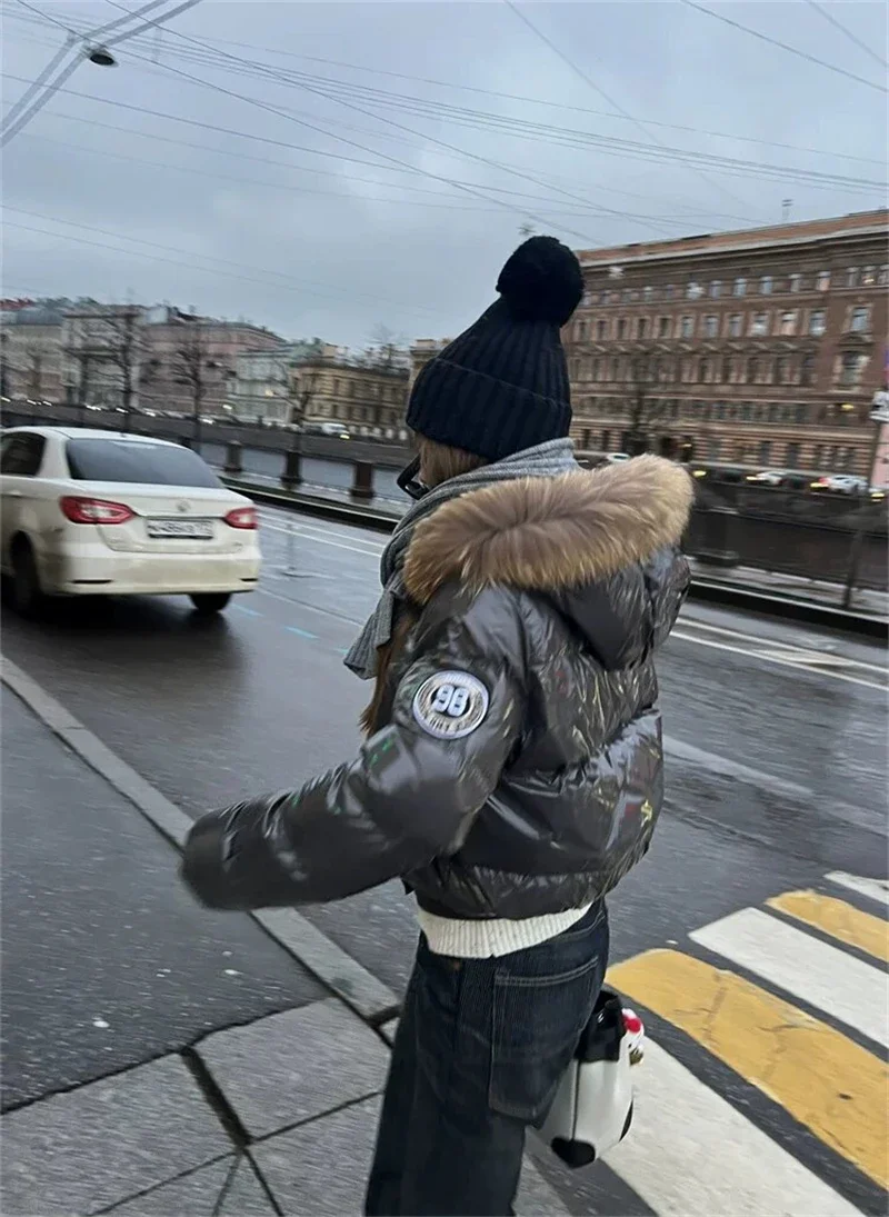 Russian Winter Warm Faux Fur Hooded Quilted Puffer Jacket Women Y2K Retro Padded Short Coat Casual Parka Glossy Outerwear куртка