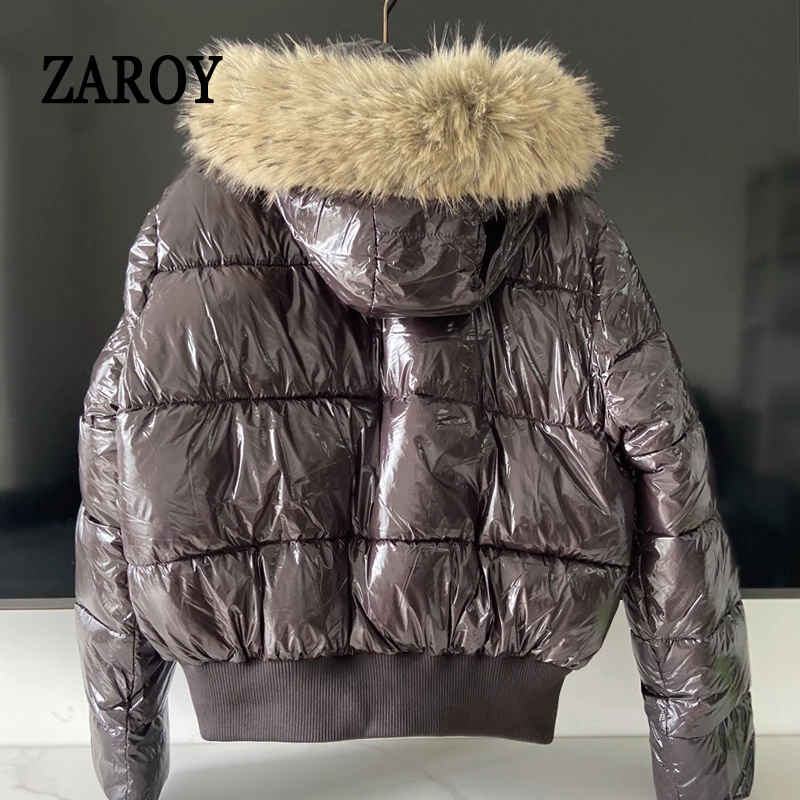 Russian Winter Warm Faux Fur Hooded Quilted Puffer Jacket Women Y2K Retro Padded Short Coat Casual Parka Glossy Outerwear куртка