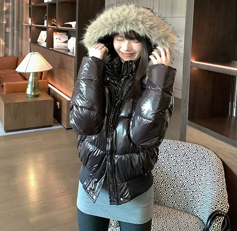 Russian Winter Warm Faux Fur Hooded Quilted Puffer Jacket Women Y2K Retro Padded Short Coat Casual Parka Glossy Outerwear куртка