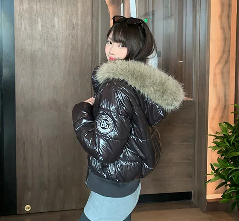 Russian Winter Warm Faux Fur Hooded Quilted Puffer Jacket Women Y2K Retro Padded Short Coat Casual Parka Glossy Outerwear куртка