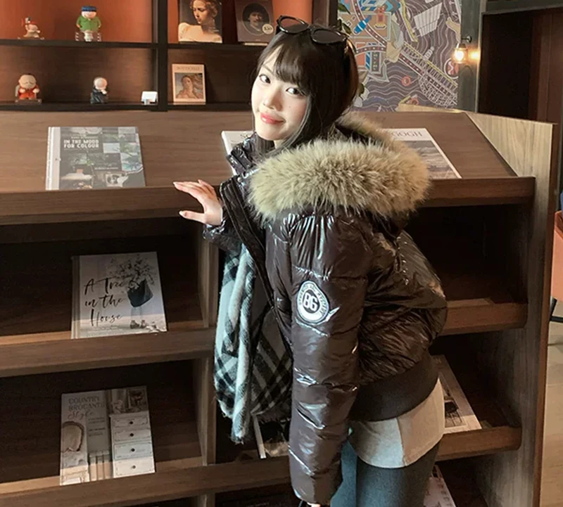 Russian Winter Warm Faux Fur Hooded Quilted Puffer Jacket Women Y2K Retro Padded Short Coat Casual Parka Glossy Outerwear куртка