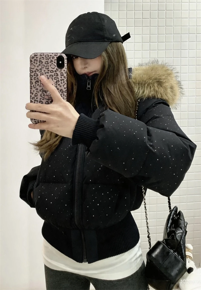 ZAROY Fur Collar Hooded Women Jacket Fashion Rhinestone Winter Warm Thick Padded Cotton Puffer Coat Streetwear Outerwear пальто
