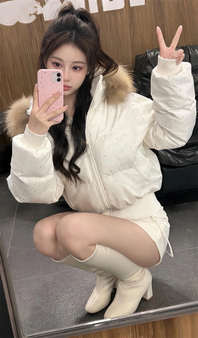 ZAROY Fur Collar Hooded Women Jacket Fashion Rhinestone Winter Warm Thick Padded Cotton Puffer Coat Streetwear Outerwear пальто