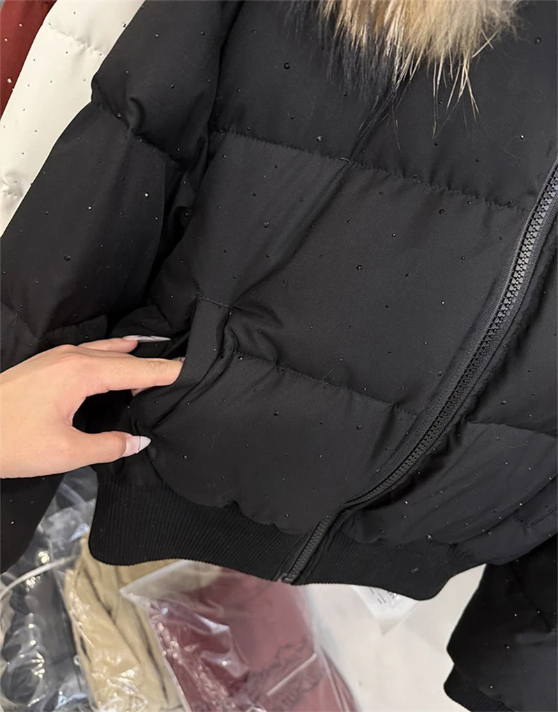 ZAROY Women Winter Jacket Bling Rhinestone Fur Collar Hooded Zipper Warm Thick Cotton Short Coat Streetwear Padded Outerwear
