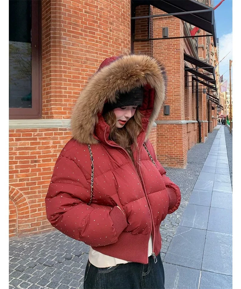 ZAROY Women Winter Jacket Bling Rhinestone Fur Collar Hooded Zipper Warm Thick Cotton Short Coat Streetwear Padded Outerwear