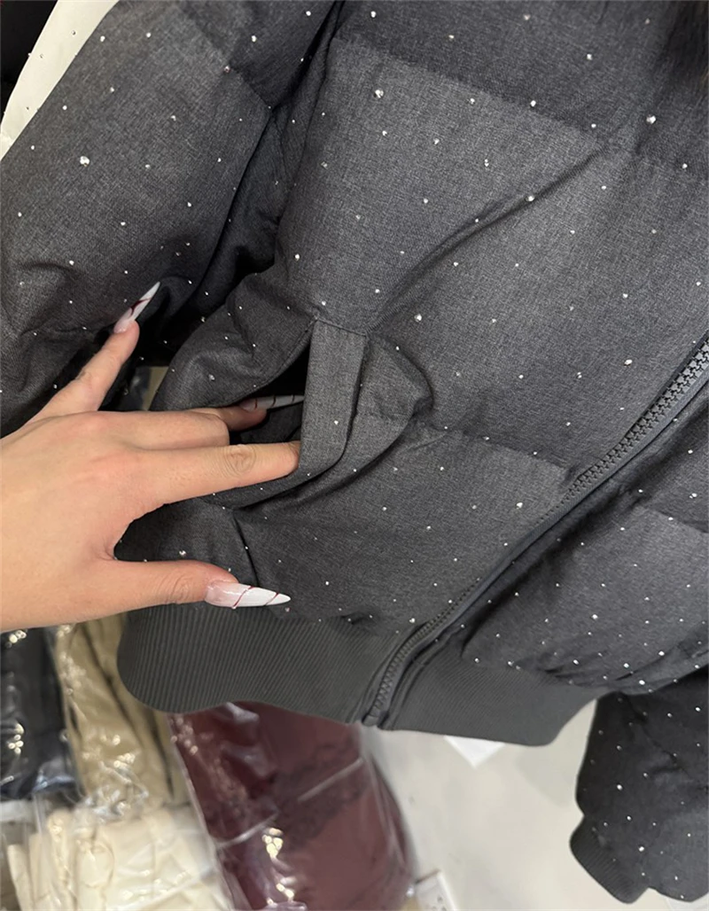 ZAROY Women Winter Jacket Bling Rhinestone Fur Collar Hooded Zipper Warm Thick Cotton Short Coat Streetwear Padded Outerwear