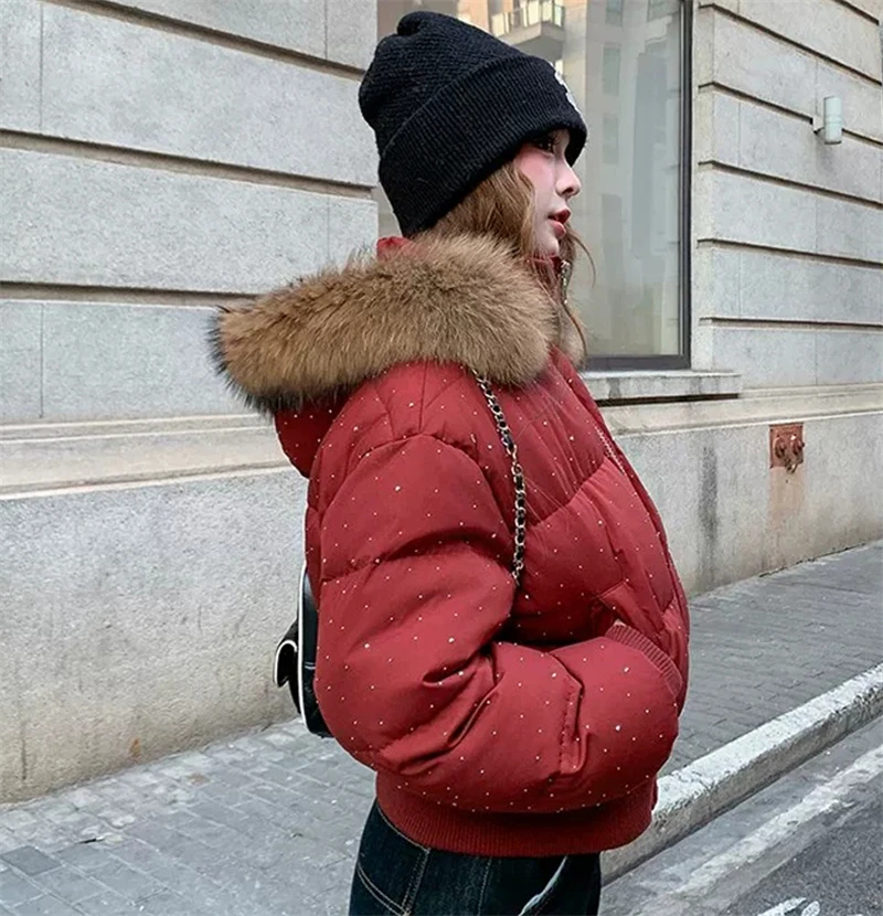 ZAROY Women Winter Jacket Bling Rhinestone Fur Collar Hooded Zipper Warm Thick Cotton Short Coat Streetwear Padded Outerwear