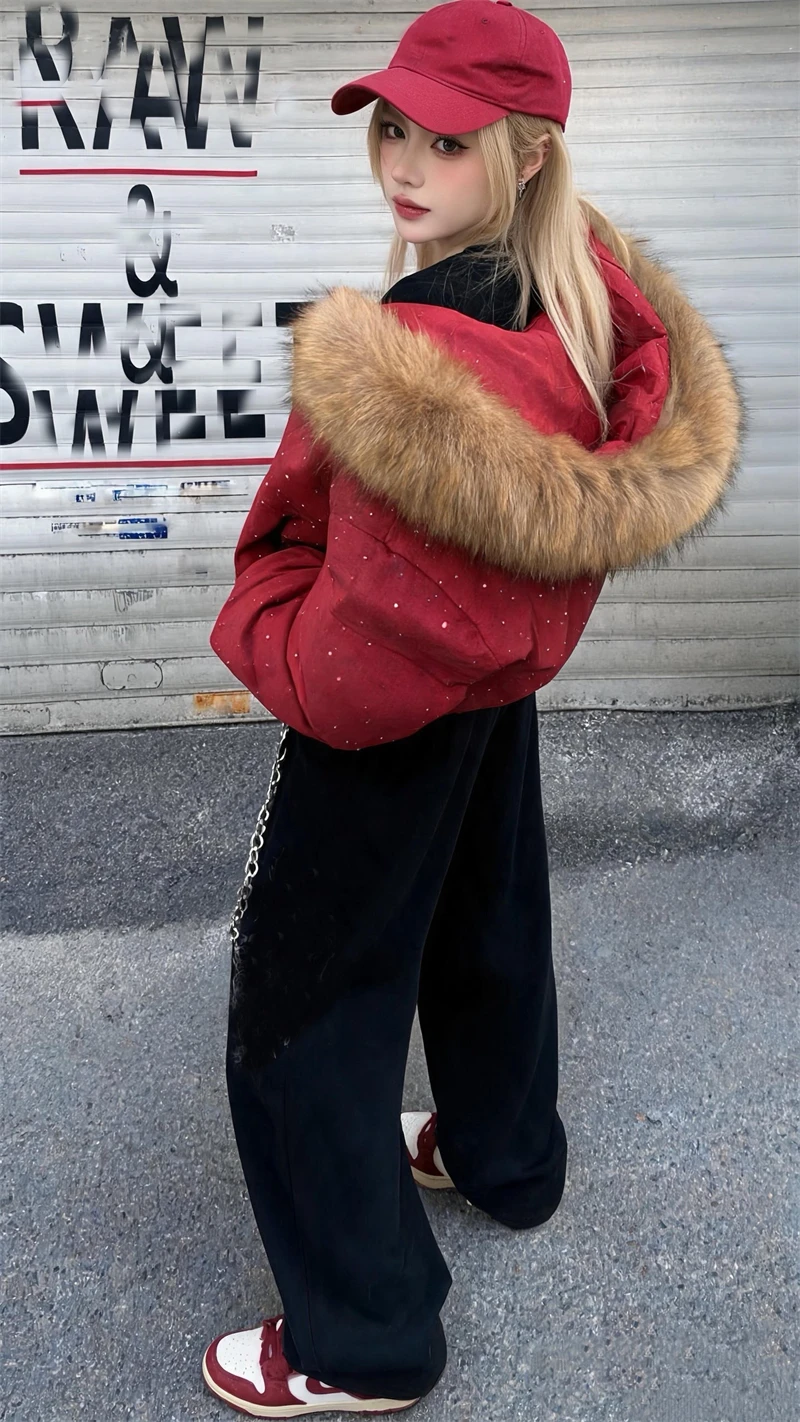 ZAROY Women Winter Jacket Bling Rhinestone Fur Collar Hooded Zipper Warm Thick Cotton Short Coat Streetwear Padded Outerwear