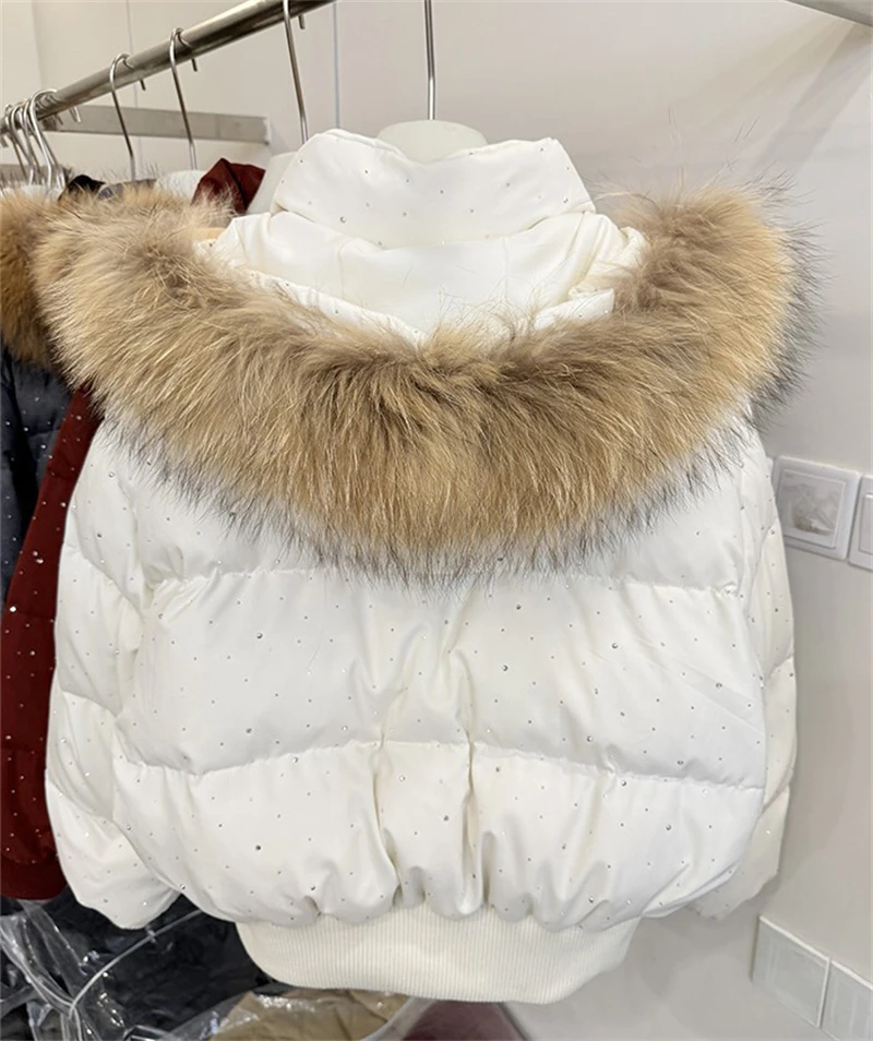 ZAROY Women Winter Jacket Bling Rhinestone Fur Collar Hooded Zipper Warm Thick Cotton Short Coat Streetwear Padded Outerwear