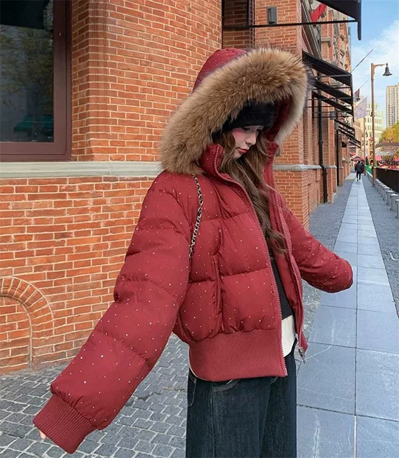 ZAROY Women Winter Jacket Bling Rhinestone Fur Collar Hooded Zipper Warm Thick Cotton Short Coat Streetwear Padded Outerwear