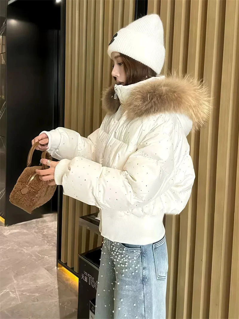 ZAROY Women Winter Jacket Bling Rhinestone Fur Collar Hooded Zipper Warm Thick Cotton Short Coat Streetwear Padded Outerwear