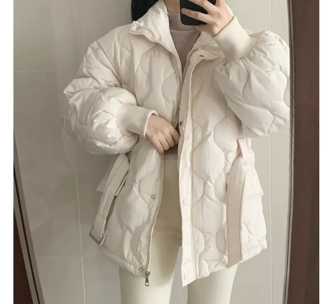 Women Winter Warm Thick Cotton Coat 2025 New Women With Belt Stand Collar Cotton Padded Jacket Korean Loose Women Parka Outwear
