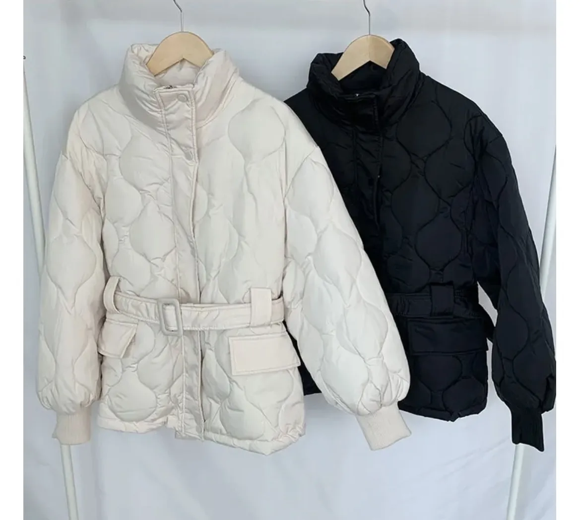 Women Winter Warm Thick Cotton Coat 2025 New Women With Belt Stand Collar Cotton Padded Jacket Korean Loose Women Parka Outwear