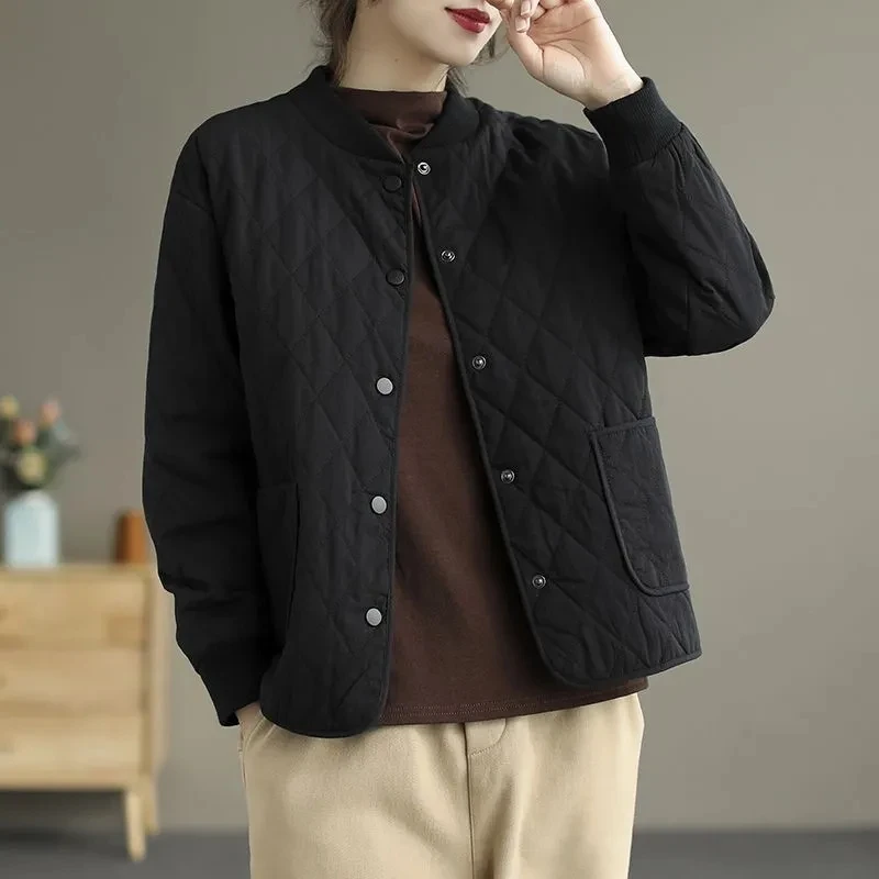 Spring New Women Clothing Fashion Long Sleeve Pockets Slim Fit Thin Quilted Jacket Light weight Short Jacket Women Cotton Jacket