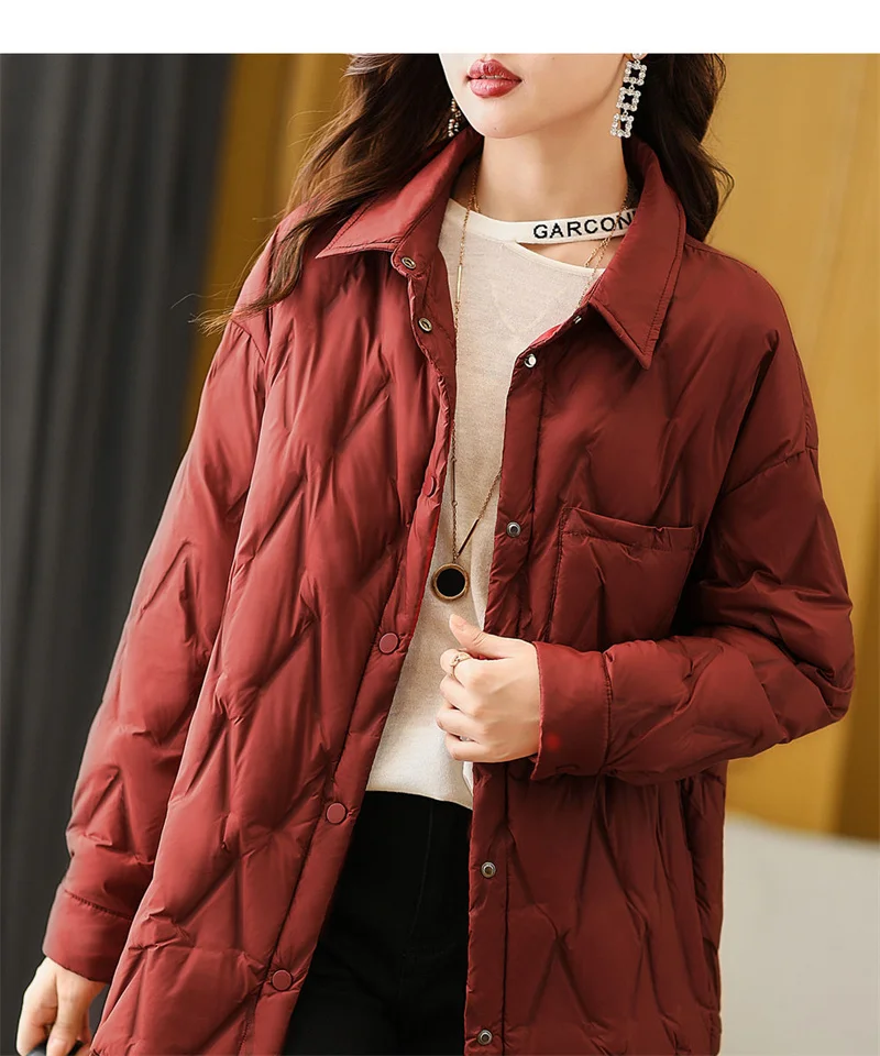 2025 Autumn Women Black Thin Cotton Quilted Coats Female Casual Lapel Jacket Female Spring Outerwear Red Button Padden Shirt Top