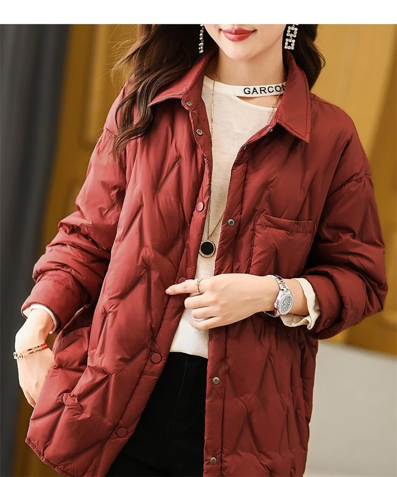 2025 Autumn Women Black Thin Cotton Quilted Coats Female Casual Lapel Jacket Female Spring Outerwear Red Button Padden Shirt Top