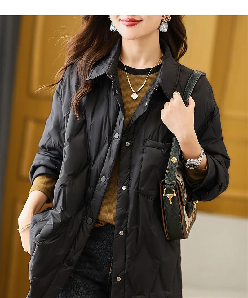 2025 Autumn Women Black Thin Cotton Quilted Coats Female Casual Lapel Jacket Female Spring Outerwear Red Button Padden Shirt Top