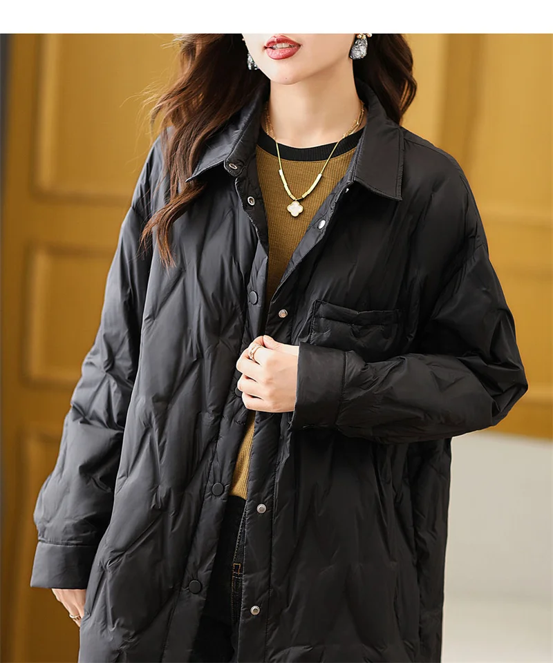 2025 Autumn Women Black Thin Cotton Quilted Coats Female Casual Lapel Jacket Female Spring Outerwear Red Button Padden Shirt Top