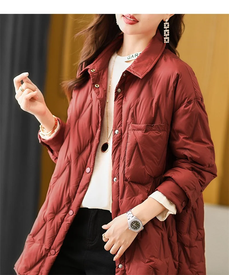 2025 Autumn Women Black Thin Cotton Quilted Coats Female Casual Lapel Jacket Female Spring Outerwear Red Button Padden Shirt Top
