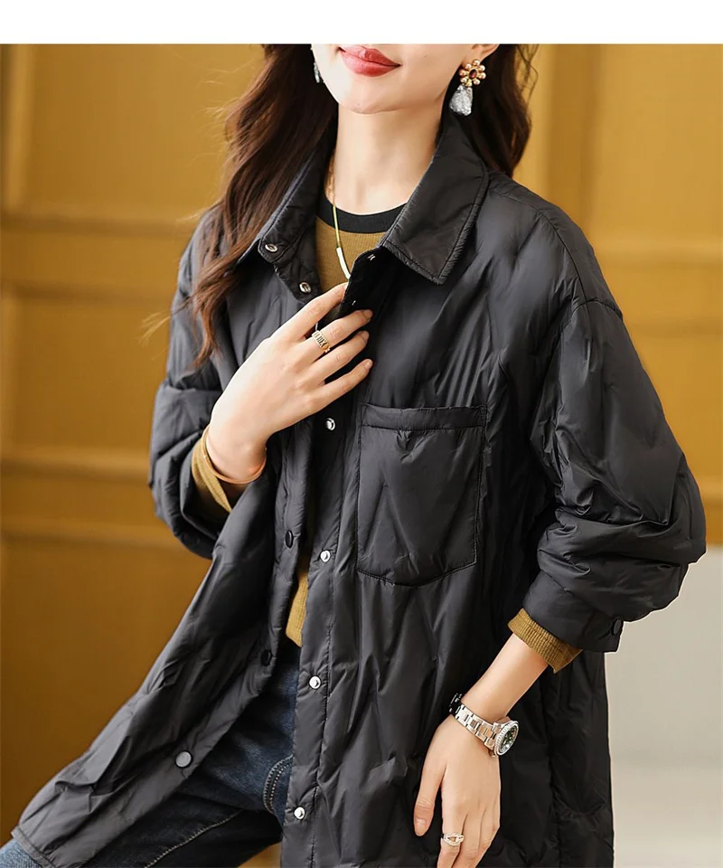 2025 Autumn Women Black Thin Cotton Quilted Coats Female Casual Lapel Jacket Female Spring Outerwear Red Button Padden Shirt Top
