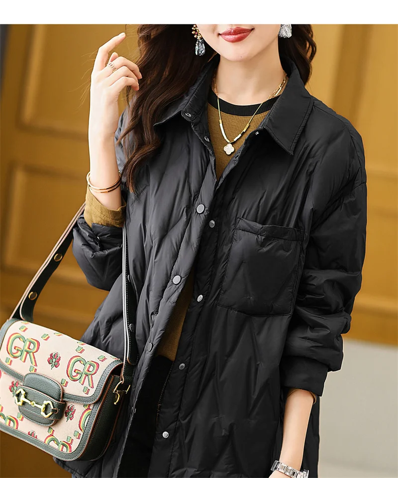 2025 Autumn Women Black Thin Cotton Quilted Coats Female Casual Lapel Jacket Female Spring Outerwear Red Button Padden Shirt Top