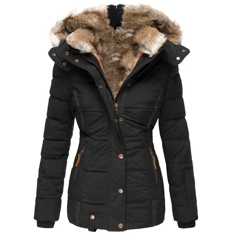 Winter Warm Fur Collar Cotton Clothes Women's Zipper Long Sleeve Slim Hooded Cotton Coat