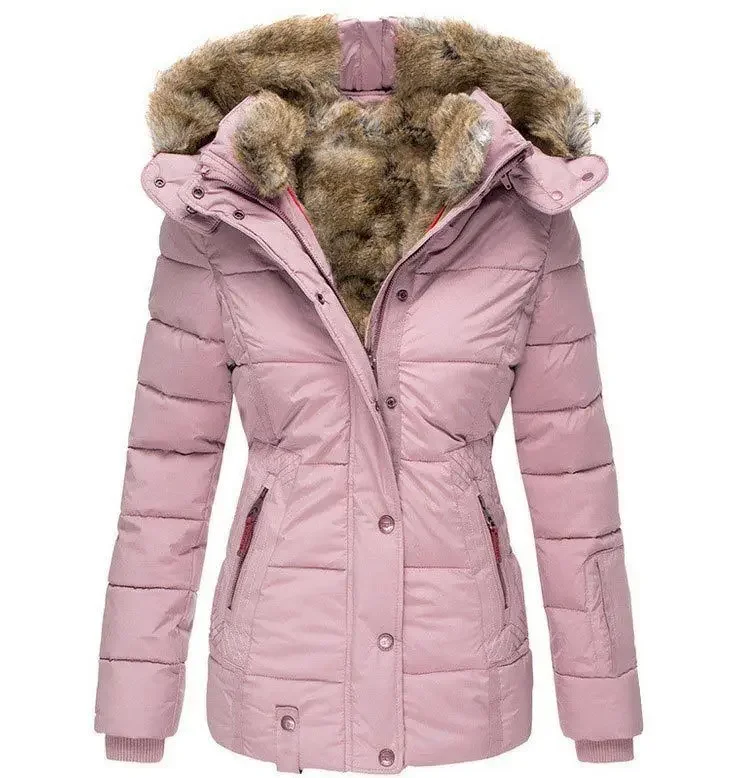 Winter Warm Fur Collar Cotton Clothes Women's Zipper Long Sleeve Slim Hooded Cotton Coat