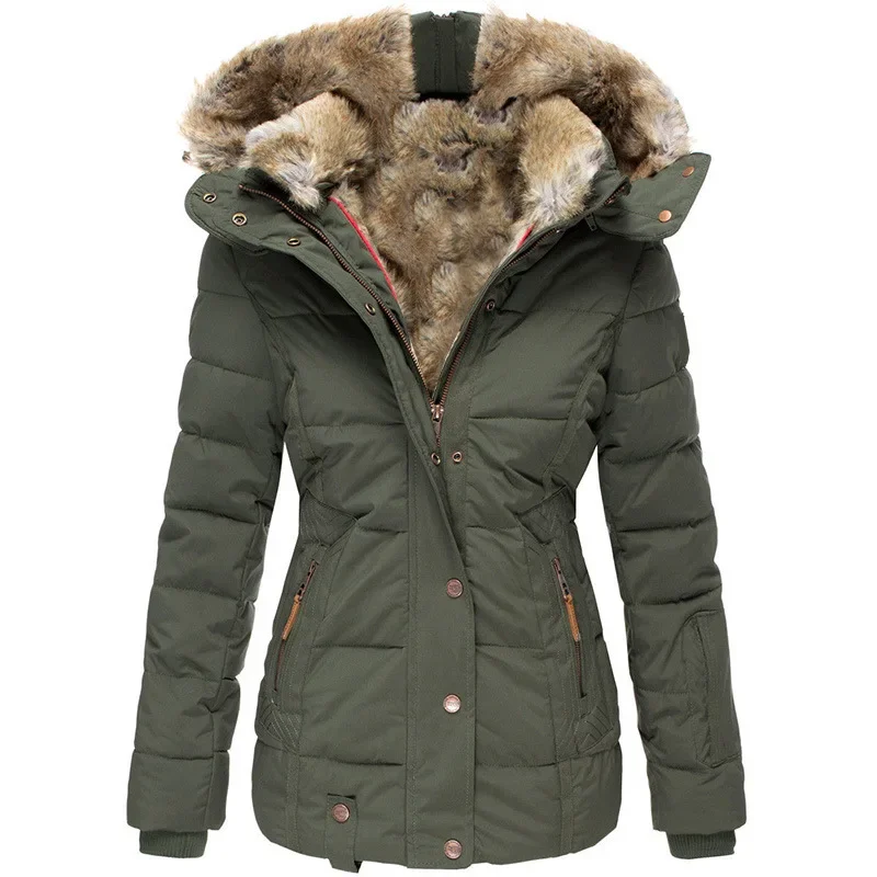 Winter Warm Fur Collar Cotton Clothes Women's Zipper Long Sleeve Slim Hooded Cotton Coat