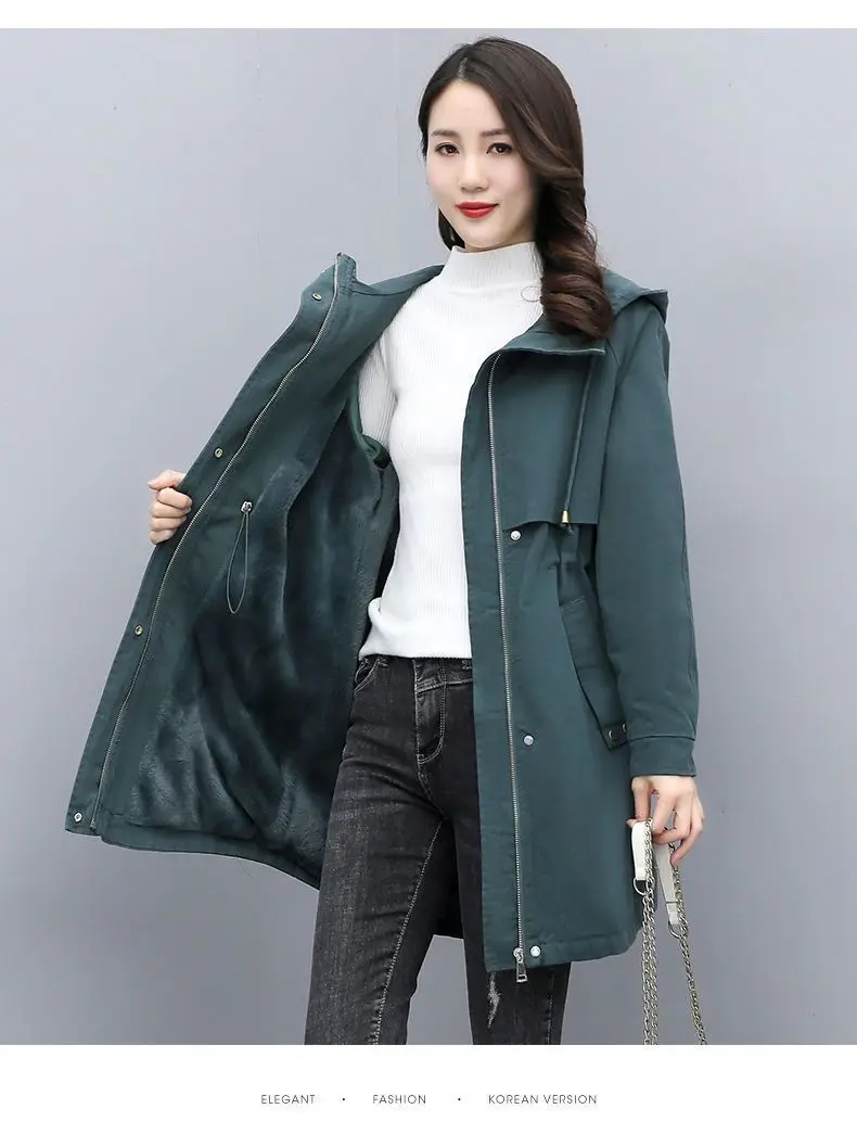 Medium long Hooded Waist cinching Parker Women's 2026 Autumn Winter New Thicken Warm Cotton Jackets Female Velvet Casual Coats