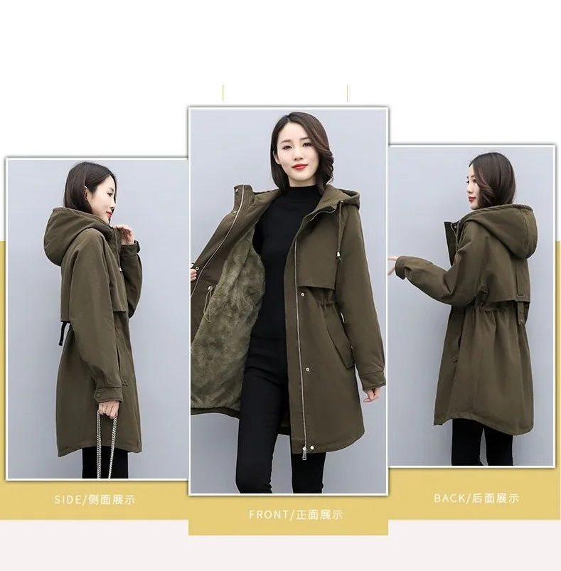 Medium long Hooded Waist cinching Parker Women's 2026 Autumn Winter New Thicken Warm Cotton Jackets Female Velvet Casual Coats
