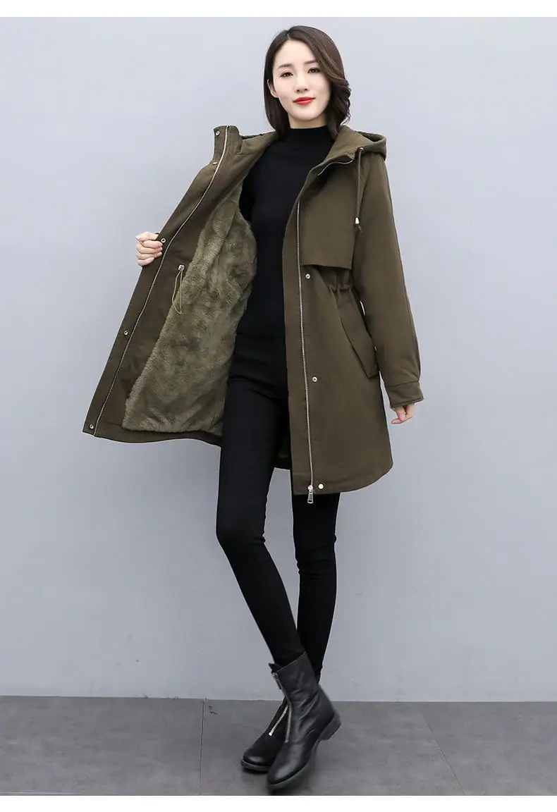 Medium long Hooded Waist cinching Parker Women's 2026 Autumn Winter New Thicken Warm Cotton Jackets Female Velvet Casual Coats