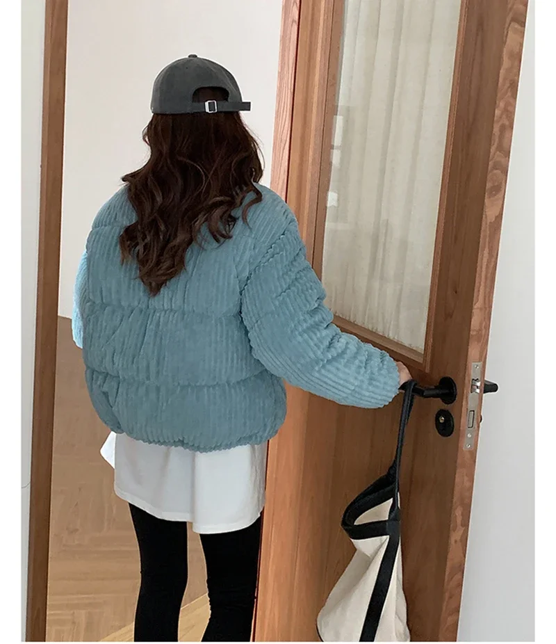 CJFHJE Simple Thick Corduroy Puffy Coat Women Fashion Solid Short Parkas Casual Winter Warm Female Cotton Down Zipper Jacket