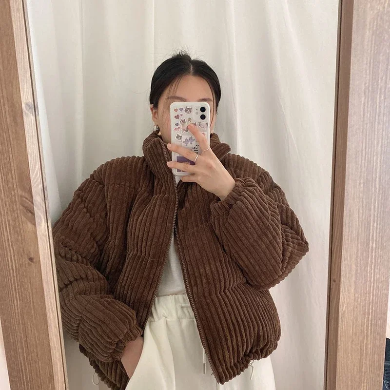 CJFHJE Simple Thick Corduroy Puffy Coat Women Fashion Solid Short Parkas Casual Winter Warm Female Cotton Down Zipper Jacket