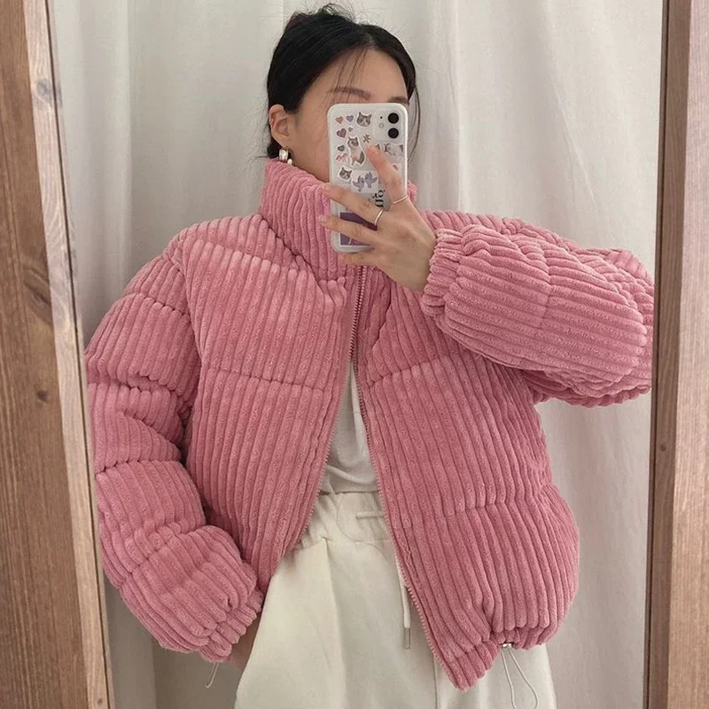 CJFHJE Simple Thick Corduroy Puffy Coat Women Fashion Solid Short Parkas Casual Winter Warm Female Cotton Down Zipper Jacket