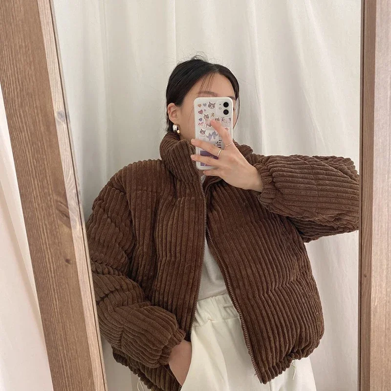 CJFHJE Simple Thick Corduroy Puffy Coat Women Fashion Solid Short Parkas Casual Winter Warm Female Cotton Down Zipper Jacket