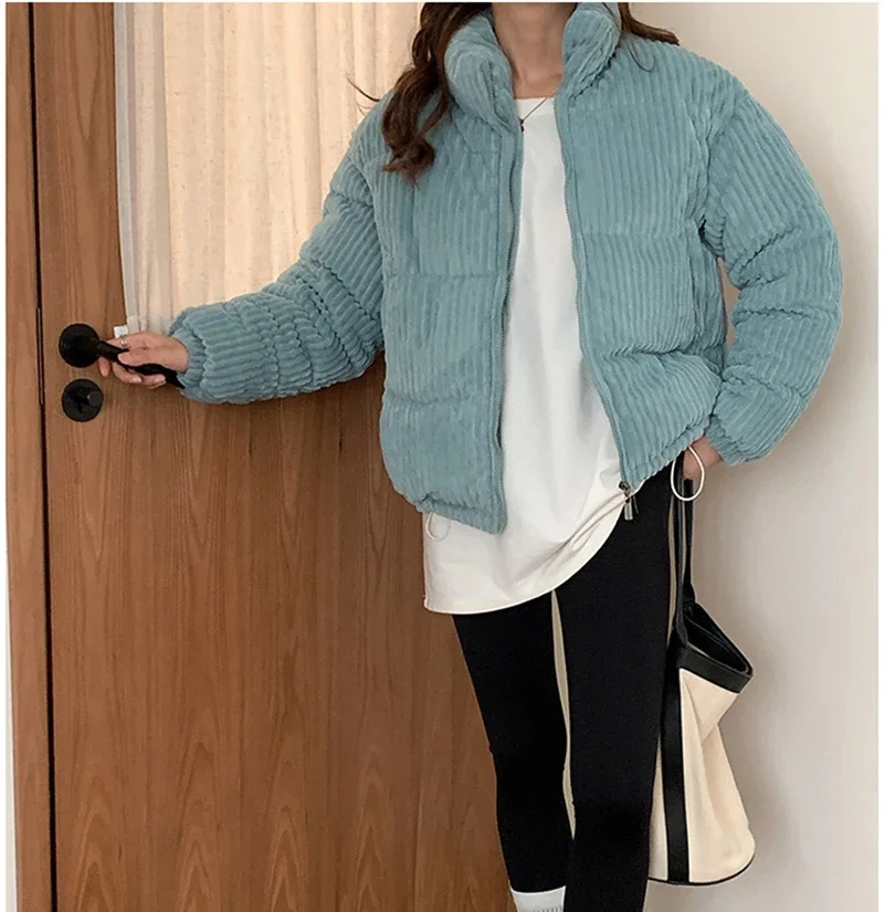 CJFHJE Simple Thick Corduroy Puffy Coat Women Fashion Solid Short Parkas Casual Winter Warm Female Cotton Down Zipper Jacket
