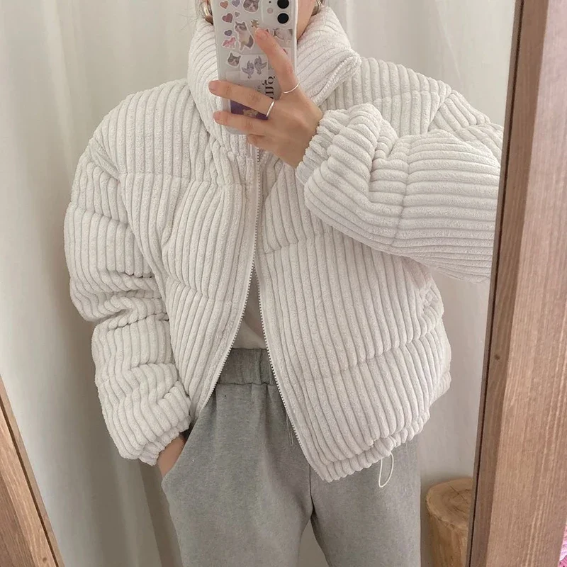 CJFHJE Simple Thick Corduroy Puffy Coat Women Fashion Solid Short Parkas Casual Winter Warm Female Cotton Down Zipper Jacket