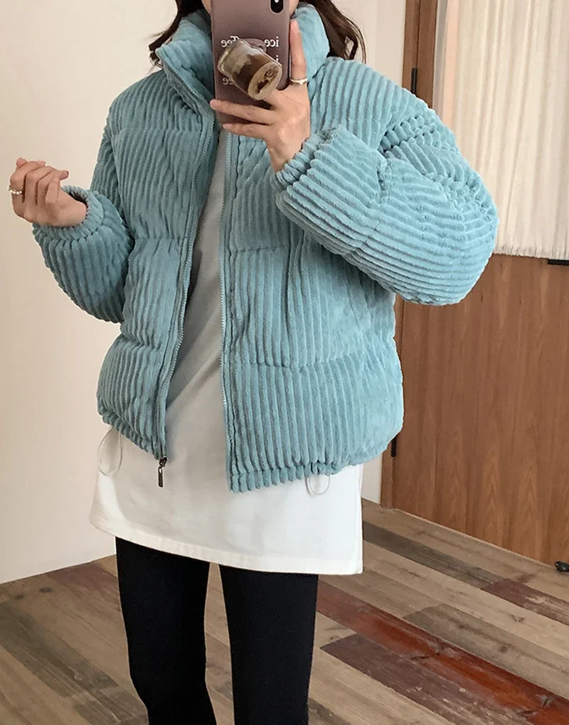 CJFHJE Simple Thick Corduroy Puffy Coat Women Fashion Solid Short Parkas Casual Winter Warm Female Cotton Down Zipper Jacket
