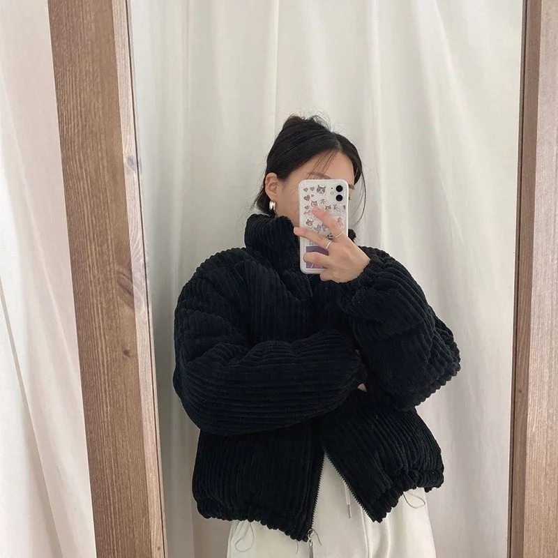 CJFHJE Simple Thick Corduroy Puffy Coat Women Fashion Solid Short Parkas Casual Winter Warm Female Cotton Down Zipper Jacket