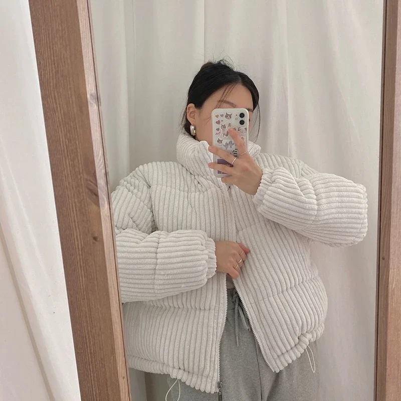 CJFHJE Simple Thick Corduroy Puffy Coat Women Fashion Solid Short Parkas Casual Winter Warm Female Cotton Down Zipper Jacket