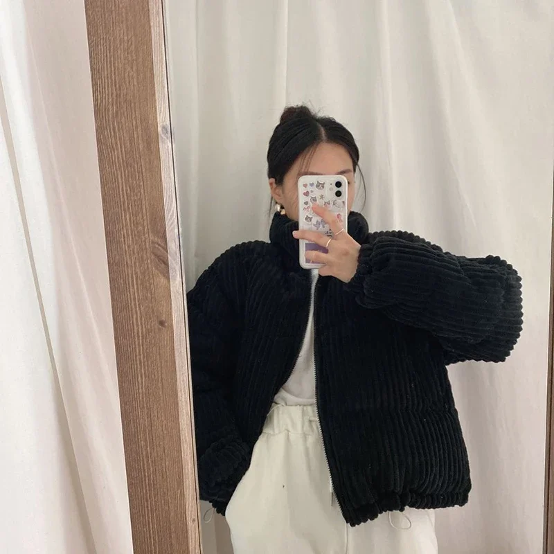 CJFHJE Simple Thick Corduroy Puffy Coat Women Fashion Solid Short Parkas Casual Winter Warm Female Cotton Down Zipper Jacket