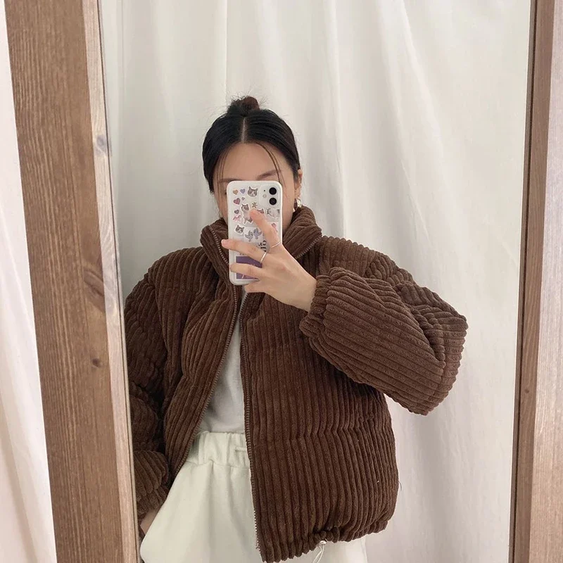CJFHJE Simple Thick Corduroy Puffy Coat Women Fashion Solid Short Parkas Casual Winter Warm Female Cotton Down Zipper Jacket