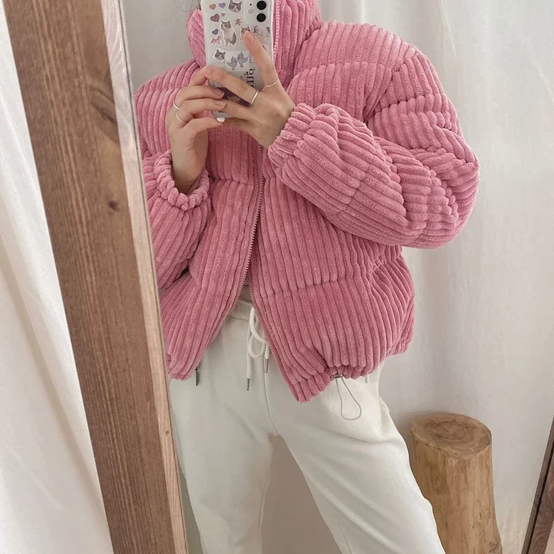 CJFHJE Simple Thick Corduroy Puffy Coat Women Fashion Solid Short Parkas Casual Winter Warm Female Cotton Down Zipper Jacket