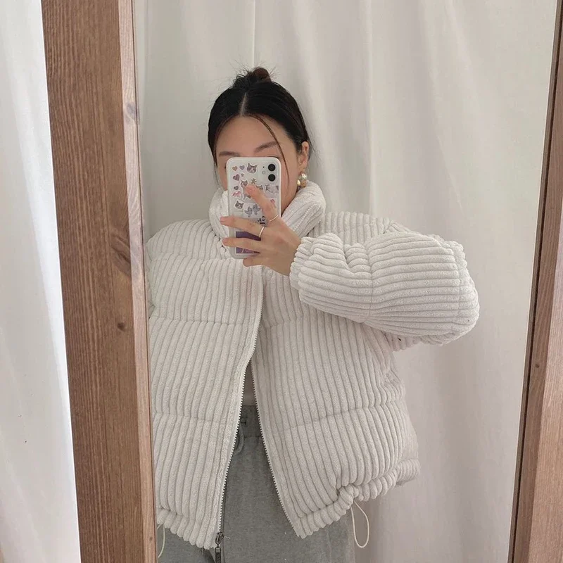 CJFHJE Simple Thick Corduroy Puffy Coat Women Fashion Solid Short Parkas Casual Winter Warm Female Cotton Down Zipper Jacket