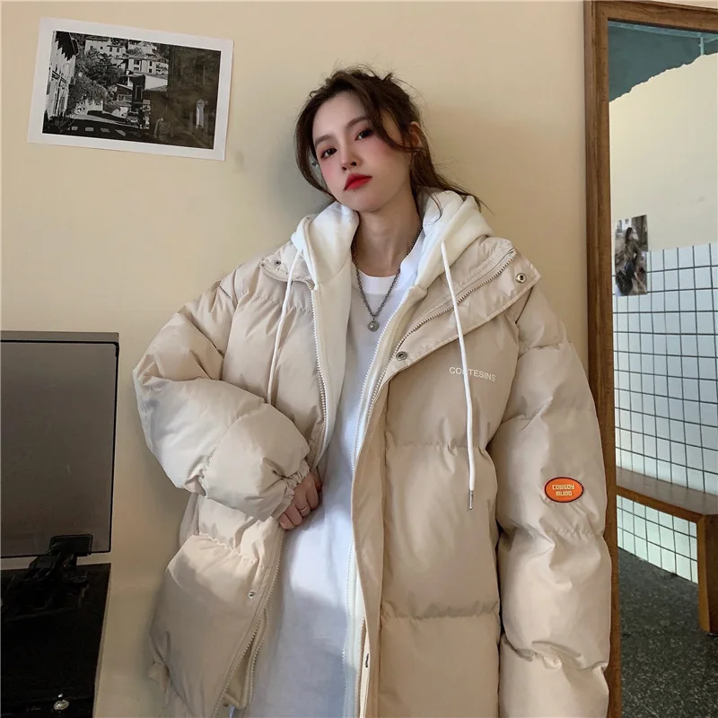 Chic Faux Two Design Pieces Parkas Women Puffy Patchwork Hooded Parka Jacket Woman Winter Pockets Zipper Up Padded Jacket Ladies