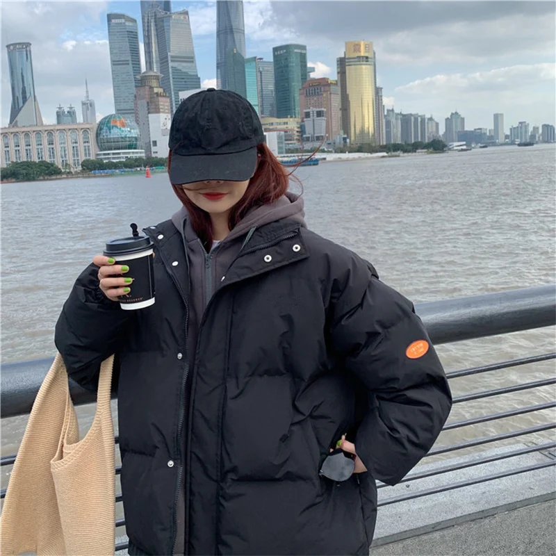 Chic Faux Two Design Pieces Parkas Women Puffy Patchwork Hooded Parka Jacket Woman Winter Pockets Zipper Up Padded Jacket Ladies