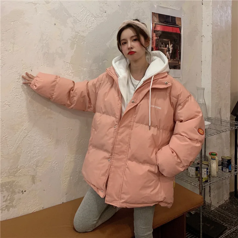 Chic Faux Two Design Pieces Parkas Women Puffy Patchwork Hooded Parka Jacket Woman Winter Pockets Zipper Up Padded Jacket Ladies