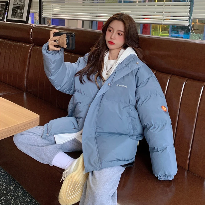 Chic Faux Two Design Pieces Parkas Women Puffy Patchwork Hooded Parka Jacket Woman Winter Pockets Zipper Up Padded Jacket Ladies